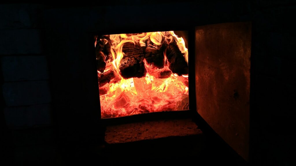 red-hot flames in the firebox